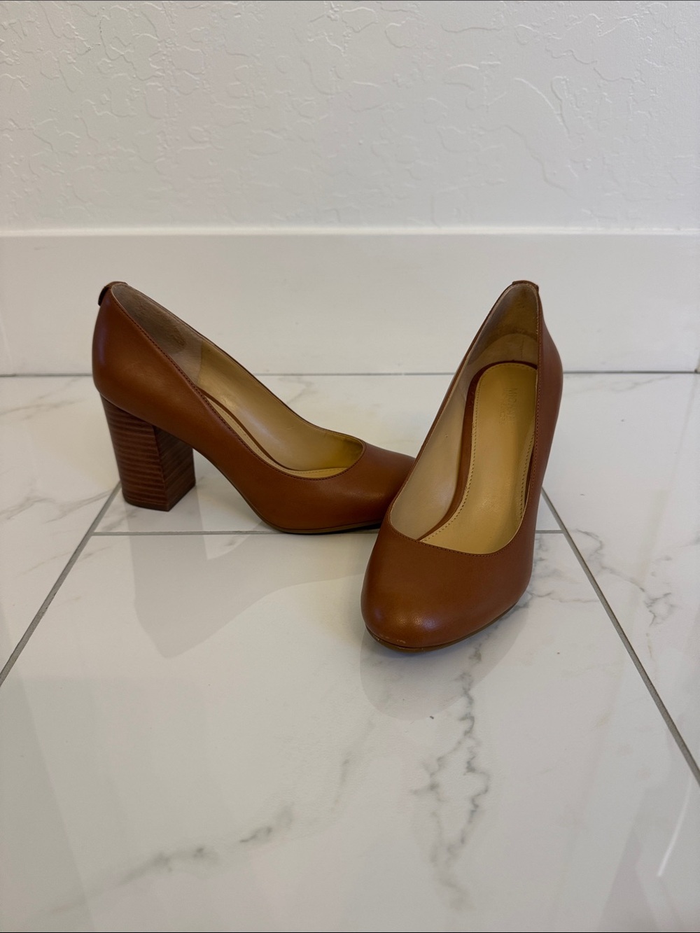 Michael Kors Cognac Leather Block Heel Pumps